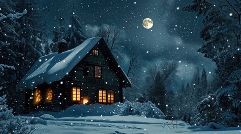 Winter Cabin Night Snow Covered Cabin Full Moon Snowy Landscape Cozy