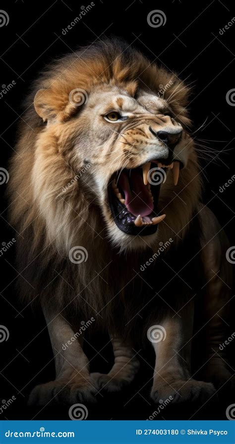 The Angry Lion Roaring On Black Background Generative Ai Stock