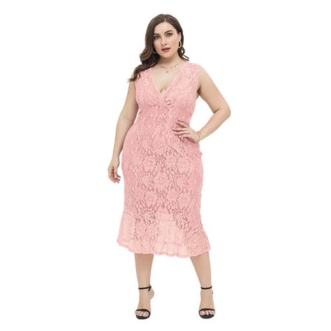 Plus Size V Neck Sleeveless Lace Dress In Pink 88211592132 Affordable Plus Size V Neck