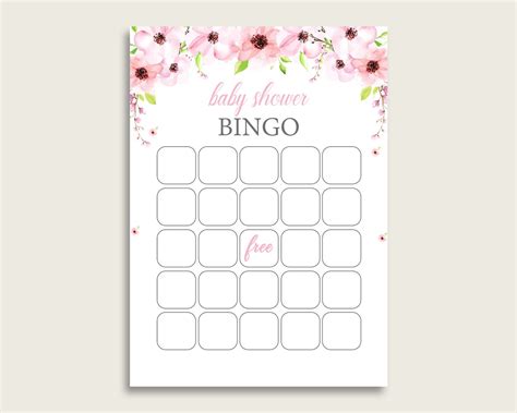 Pink Green Baby Shower Bingo Blank Game Printable Flower Blush Baby