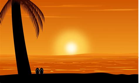 Silhouette Of Palm Tree View On Beach Under Sunset Sky Background