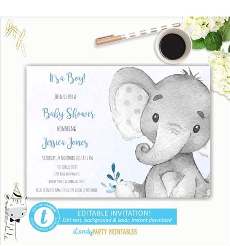 If you do not wish to credit us commercially see commercial no credit required above. Elephant Baby Shower Invitation, Floral invite, Safari theme, Jungle Party, Blue Boy baby ...