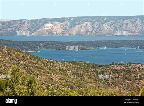 Overview Hvar Harbor From Inland Hills Adriatic Sea Mountains Boats