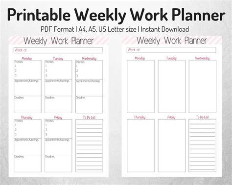 Weekly Work Organizer Weekly Planner Work Planner Printable Etsy Weekly Work Planner Weekly