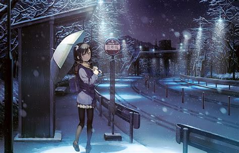 Hd Wallpaper Anime Original Bag Bridge Brown Hair Bus Stop Girl
