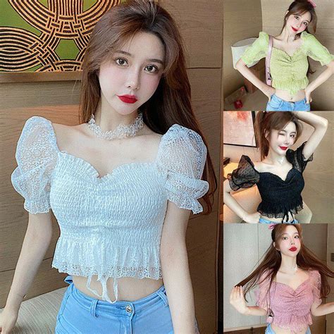 Buy Womens Elegant Blouses Square Collar Summer Short Sleeve Solid Color Sweet Korean Style