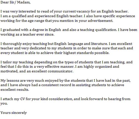 English Teacher Cover Letter Example