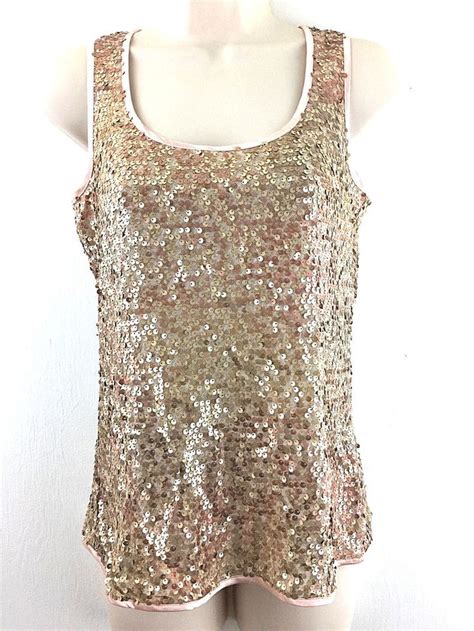 Chicos 0 Sequined Tank Top Peachy Pink Sleeveless Shell Blouse Size Xs