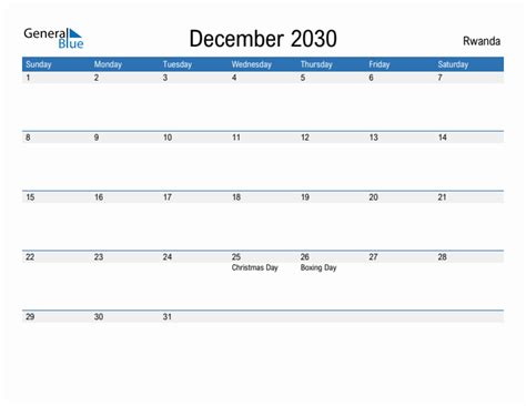 Editable December 2030 Calendar With Rwanda Holidays