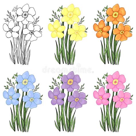Set Of Bouquets Of Spring Flowers Vector Graphics Isolated Elements
