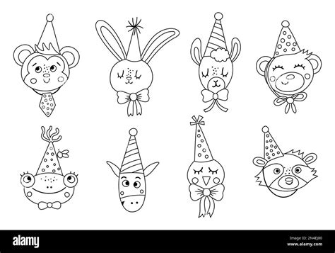 Set Of Vector Cute Black And White Animal Faces In Party Hats Birthday