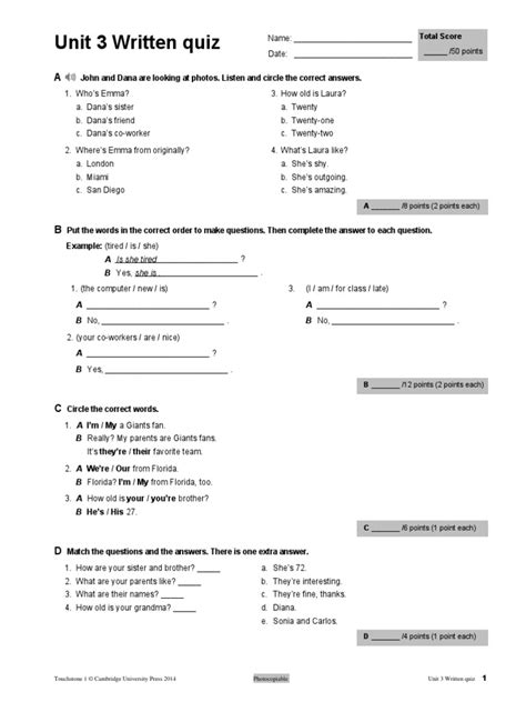 Touchstone 1 - Unit 3 - Written Quiz 3