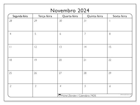 Calendário de novembro de 2024 para imprimir 74DS Michel Zbinden PT