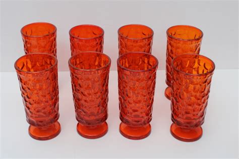 Mod Vintage Flame Orange Drinking Glasses Fostoria Pebble Beach Highballs Or Iced Tea Tumblers