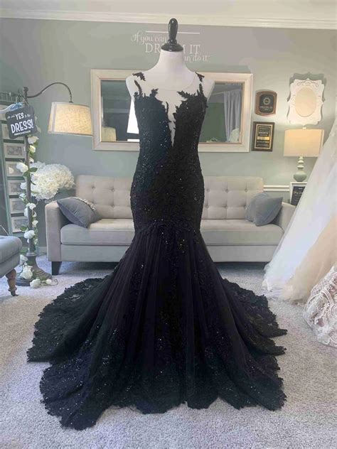 Custom Trumpet Black Wedding Dress With Illusion Back