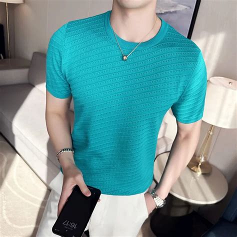 Summer Thin Ice Silk Knitted Striped T Shirts For Men Clothing 2023