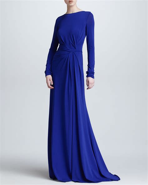 Elie Saab Long Sleeve Gathered Jersey Gown Blue