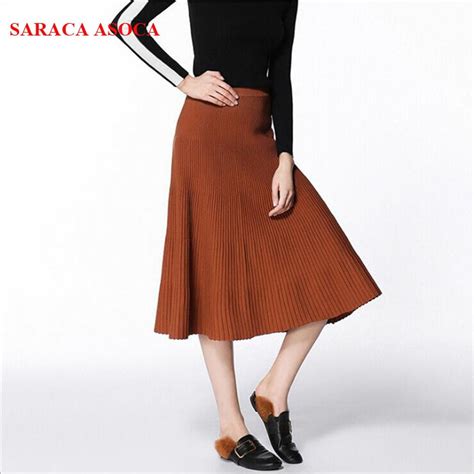 spring autumn office lady mid calf knitting bust skirt high waist pleated skirt for girls high