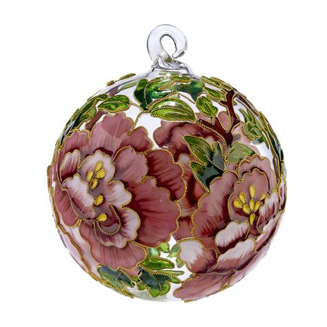 Peony Flower Cloisonne Glass Ball Christmas Tree Ornament Decoration