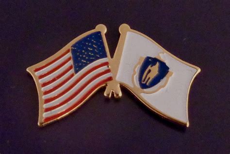 Massachusetts State And Us Flags Crossed Lapel Pin