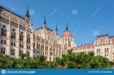 Gothic Old Building Of The Hungarian Parliament Budapest Stock Photo