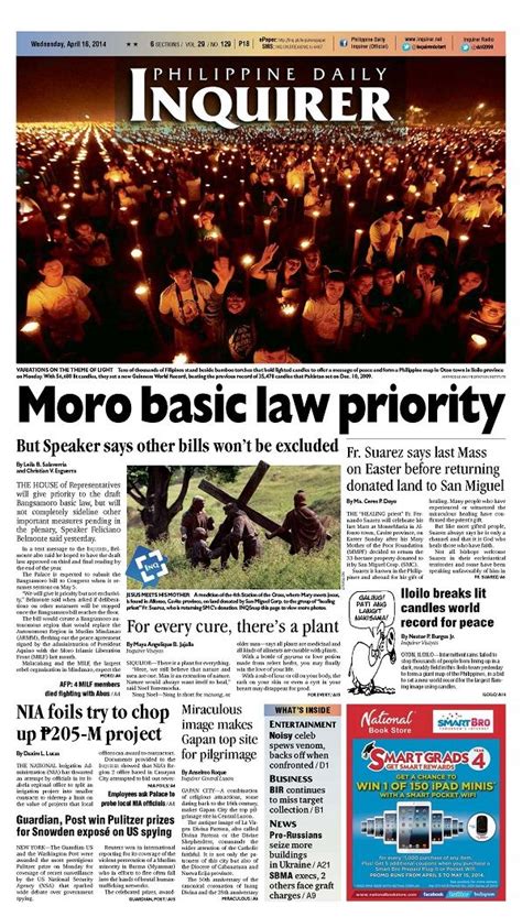 Moro Basic Law Priority Todays Inquirer Banner Story April 16
