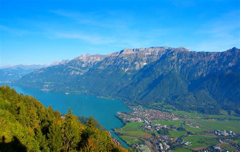Wallpaper Mountains Lake Switzerland Panorama Town