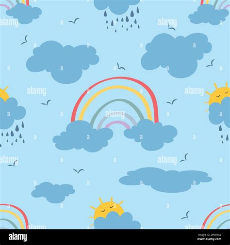 Cute Clouds Sun Clouds Rainbow Style Cartoon Seamless Pattern
