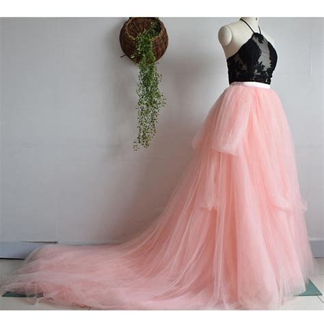 Pretty Peach Pink Long Bridal Tulle Skirts With Train Ruffles A Line