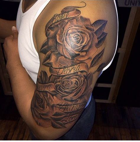 Half Sleeve Roses Tattoo With Name Banners Done By Katrina Jackson