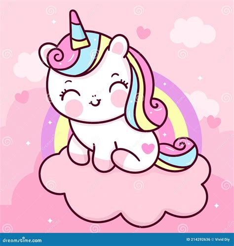 Cute Unicorn Vector On Sweet Cloud And Heart With Rainbow Pony Cartoon