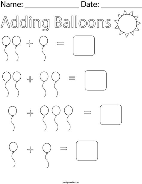 Adding Balloons Math Worksheet Twisty Noodle