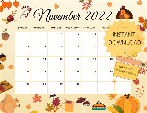 Editable Thanksgiving November Monthly Calendar Printable Etsy