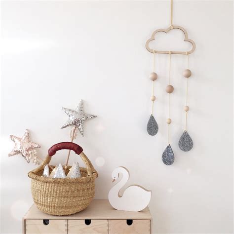 Cloud And Droplets Wall Hanging With Silver Glitter Sparkly Droplets
