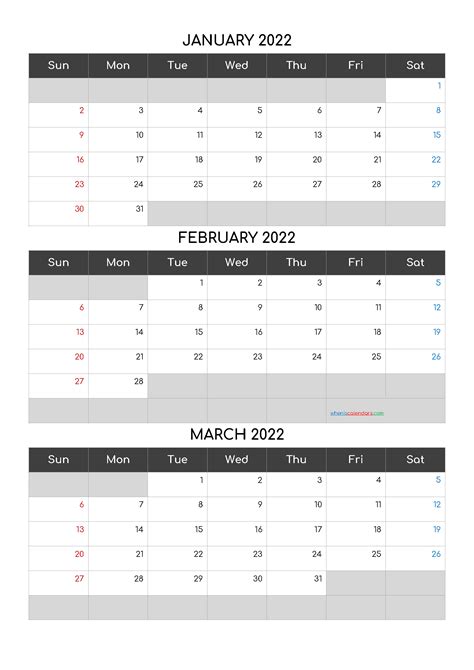 Printable Calendar January February March 2022 Q1 Q2 Q3 Q4