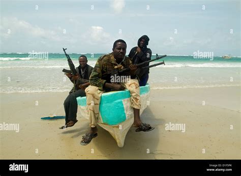 Somalian Pirates In Indian Ocean Near Mogadishu Somalia Stock Photo