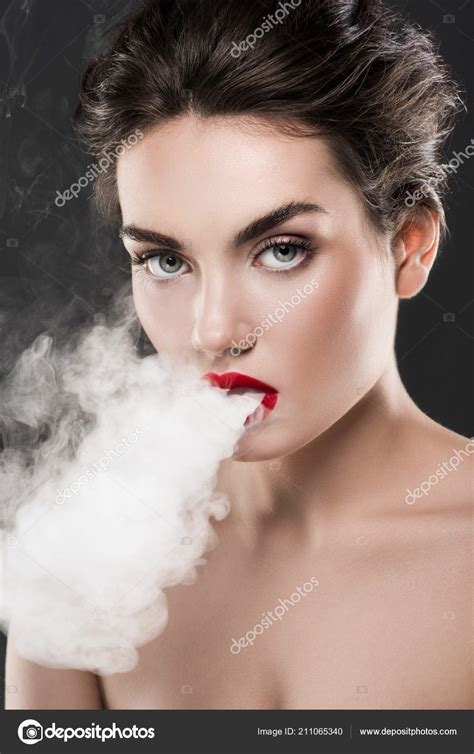Stylish Naked Woman Blowing Smoke Isolated Grey Stock Photo By Edzbarzhyvetsky