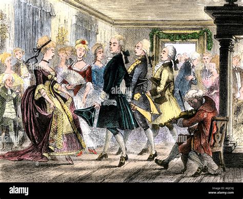 Colonial Couples At A Ballroom Dance 1700s Hand Colored Woodcut Stock