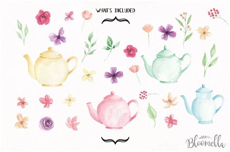 Teapot Floral Flower Elements Kit Teapots Coloured Leaf Berry