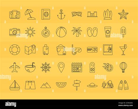 Summer Vacation Travel Season Tourism Relaxing Pack Icons Linear Style
