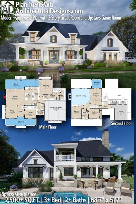 Modern Farmhouse Plan With 2 Story Great Room And Upstairs Game Room