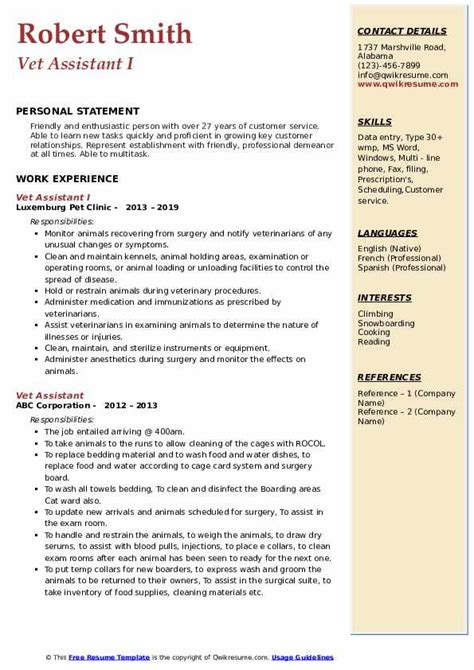 Veterinary assistant job description for resume is a set of working responsibilities abridges the fundamental obligations, exercises, capabilities and aptitudes for a job. Vet Assistant Resume Samples | QwikResume