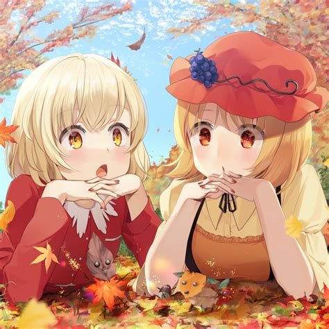 Safebooru 2girls Aki Minoriko Aki Shizuha Apron Ari Don Autumn Autumn Leaves Blonde Hair Blush