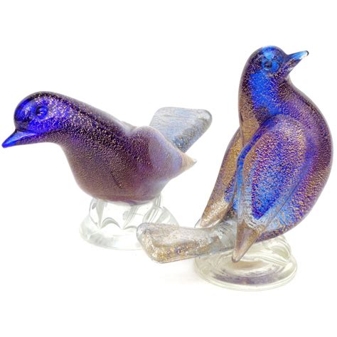 Archimede Seguso Murano Blue Gold Flecks Italian Art Glass Dove Birds
