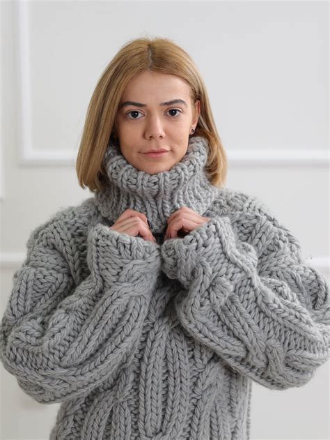 Chunky Knit Cardigan Grey Turtleneck Wool Sweater Warm Etsy Aran