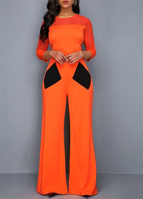 three quarter sleeve pocket round neck orange jumpsuit jumpsuits for women round neck