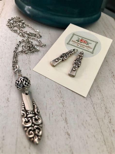 Embossed Silver Spoon Necklace And Earring Set Celtic Sphere Etsy