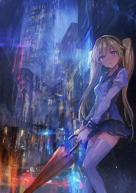 Umbrella Rain City Girl Art Beautiful Pictures Anime