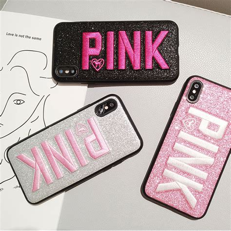Embroidery Pink Victoria Pink Glitter Bling Soft Phone Case For Samsung