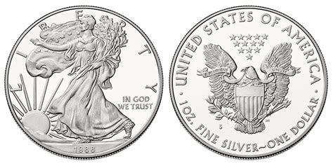 1988 S American Silver Eagle Bullion Coin Proof Type 1 Reverse Of